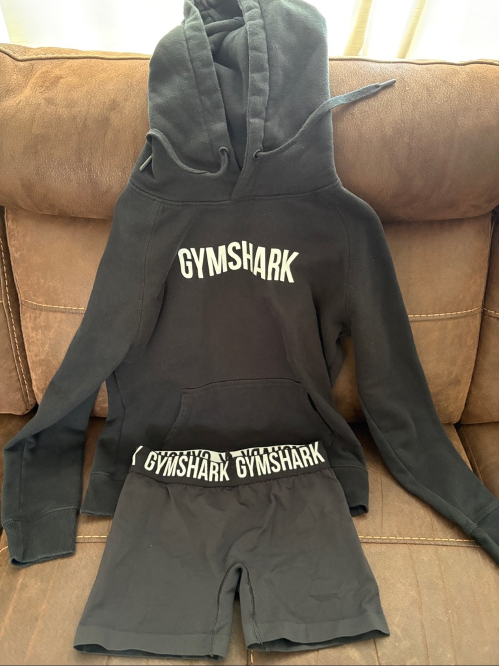 Gymshark Black Pullover Hoodie and Matching Black Logo Shorts